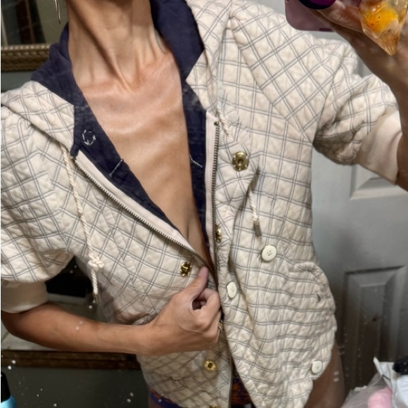 Marc Jacobs cream pockets navy hardware top sweatshirt M Beige Quilted Hoodie - Picture 3 of 8